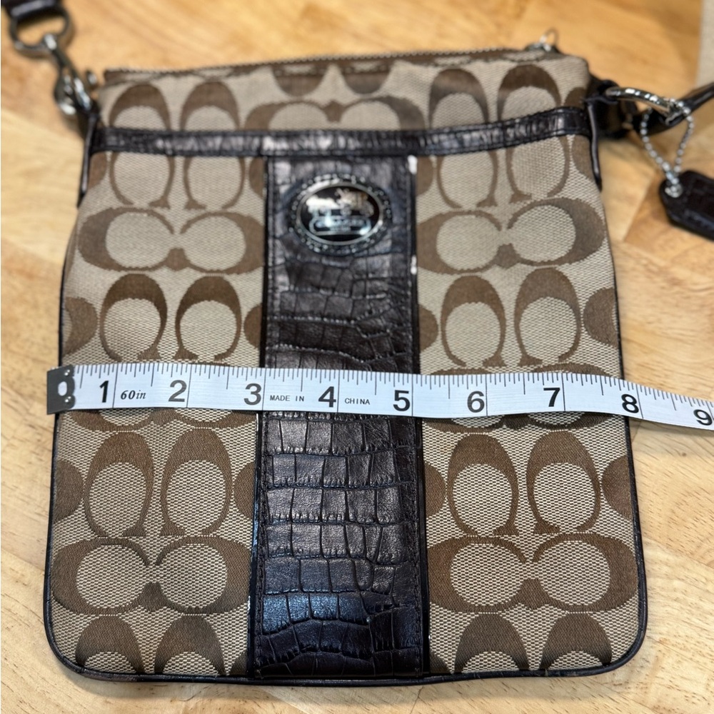 Coach Signature C Brown Tan Crossbody Bag | Leather Trim Small Purse Zip Top - Picture 8 of 12